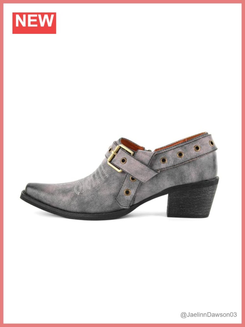 Western Ankle Boots Buckle Strap Cowgirl Chunky Heel Booties Leather Pointed Toe